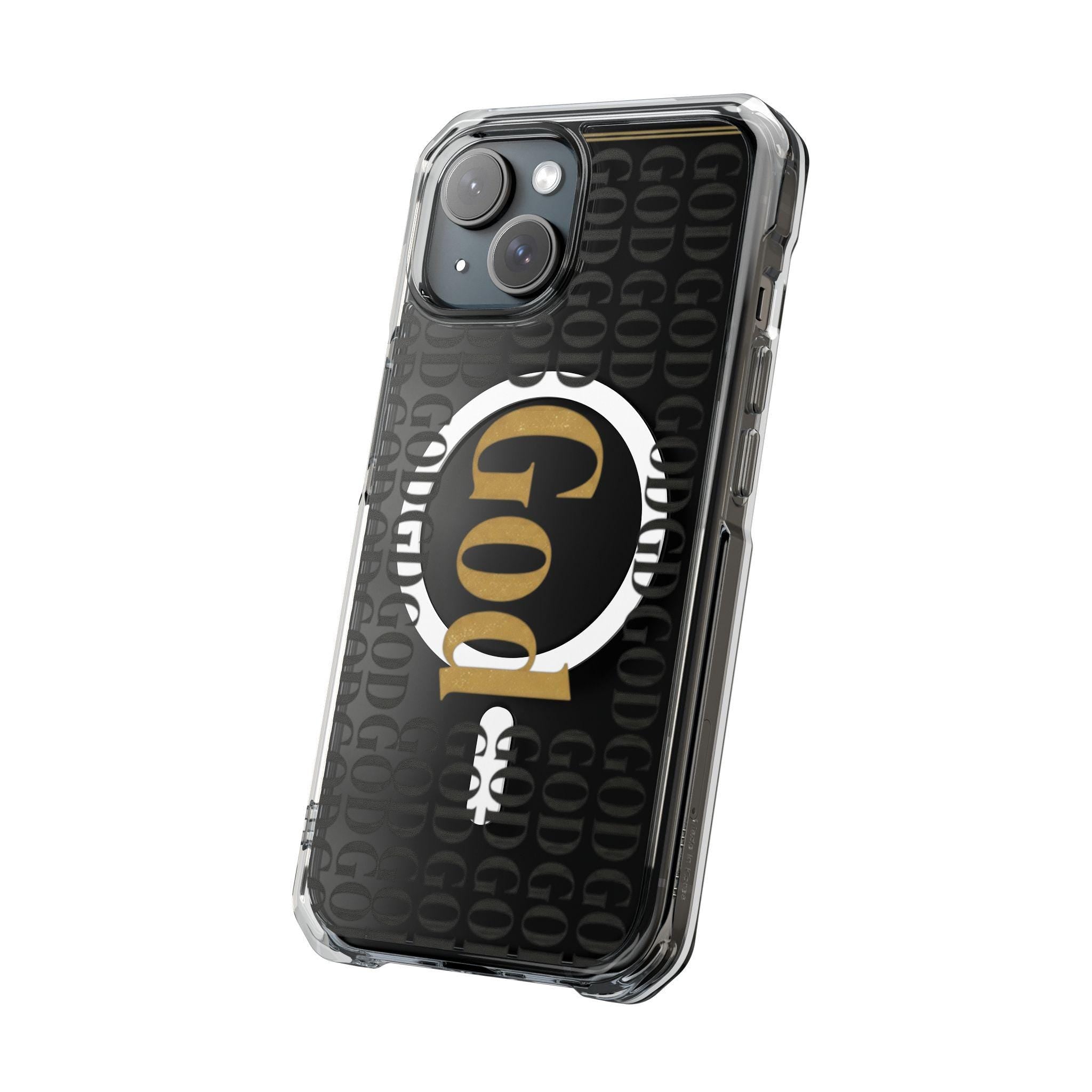 Clear Magnetic Phone Case | Black and Gold God Monogram Design