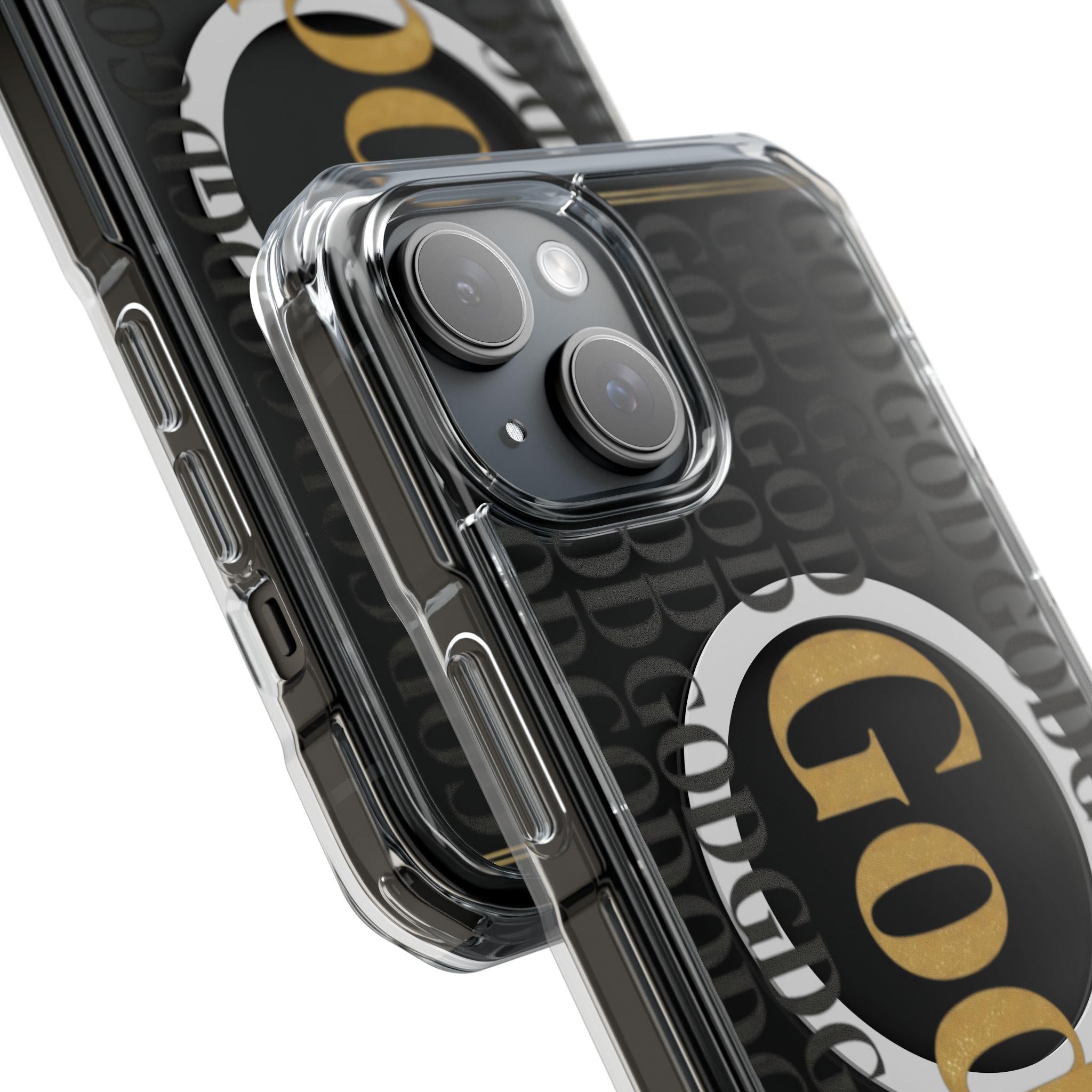 Clear Magnetic Phone Case | Black and Gold God Monogram Design