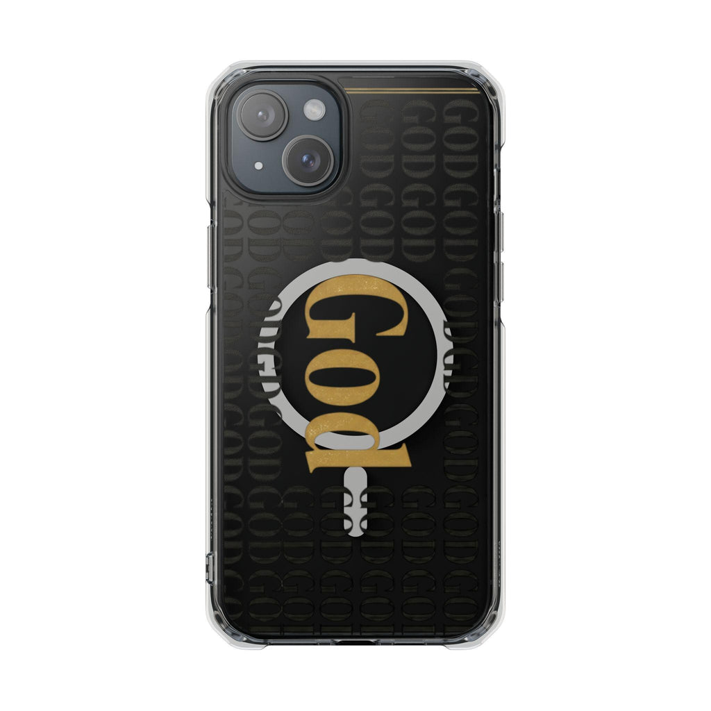 Clear Magnetic Phone Case | Black and Gold God Monogram Design