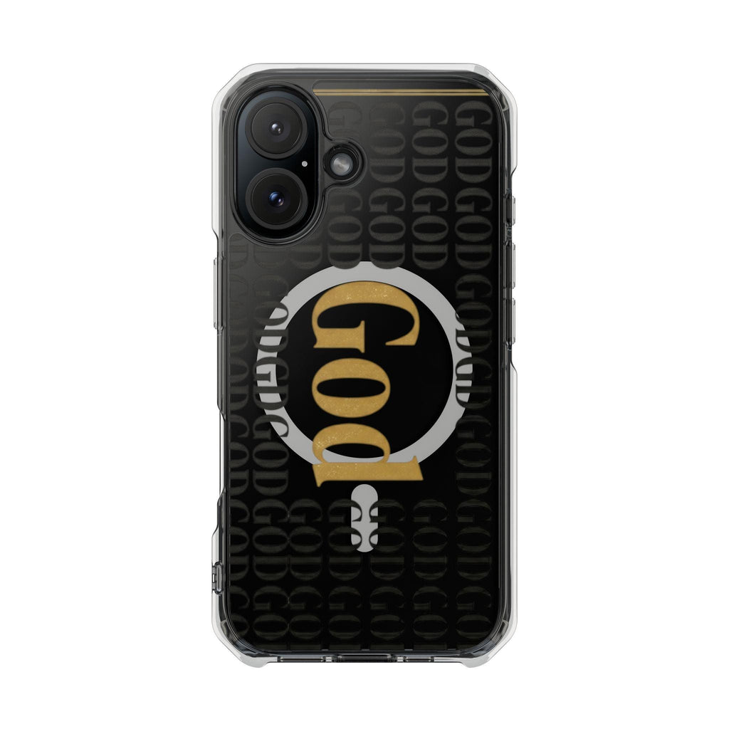 Clear Magnetic Phone Case | Black and Gold God Monogram Design