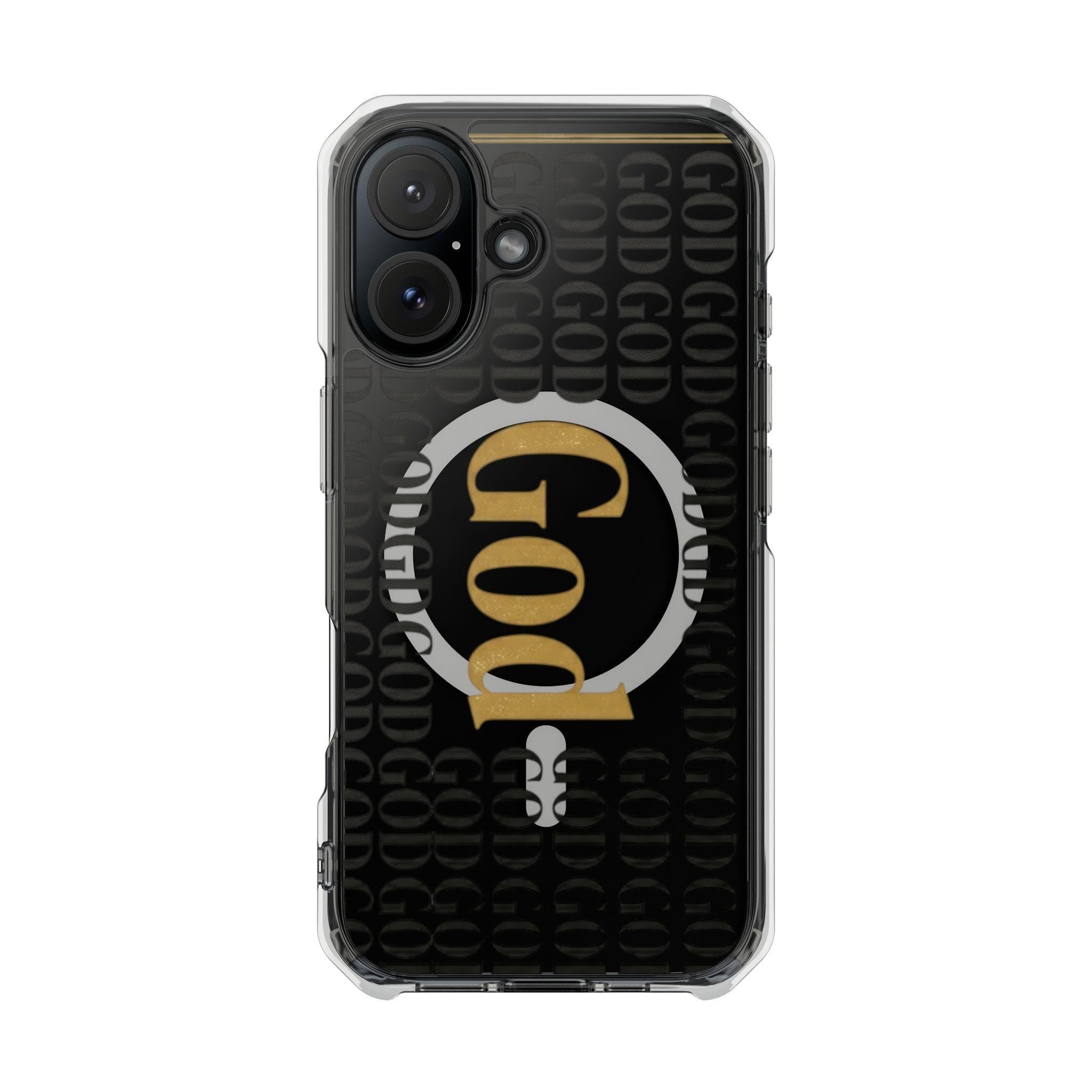 Clear Magnetic Phone Case | Black and Gold God Monogram Design