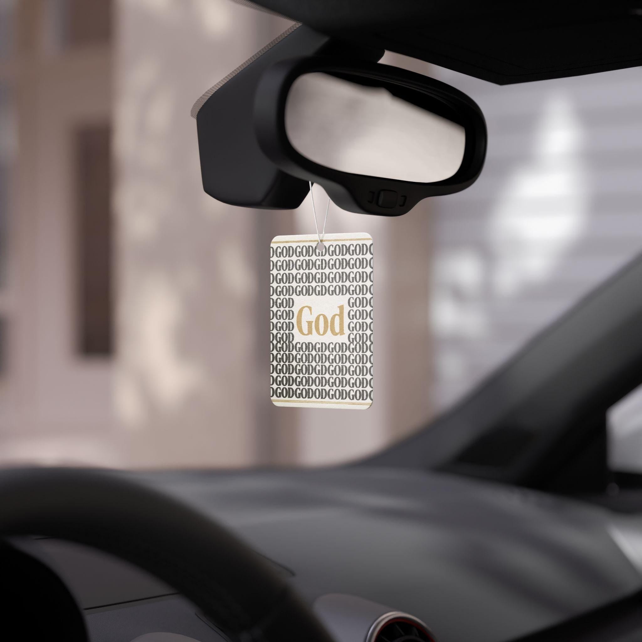 God Car Air Freshener | Repeating Typography, Gold Accent, Scented Vehicle Diffuser