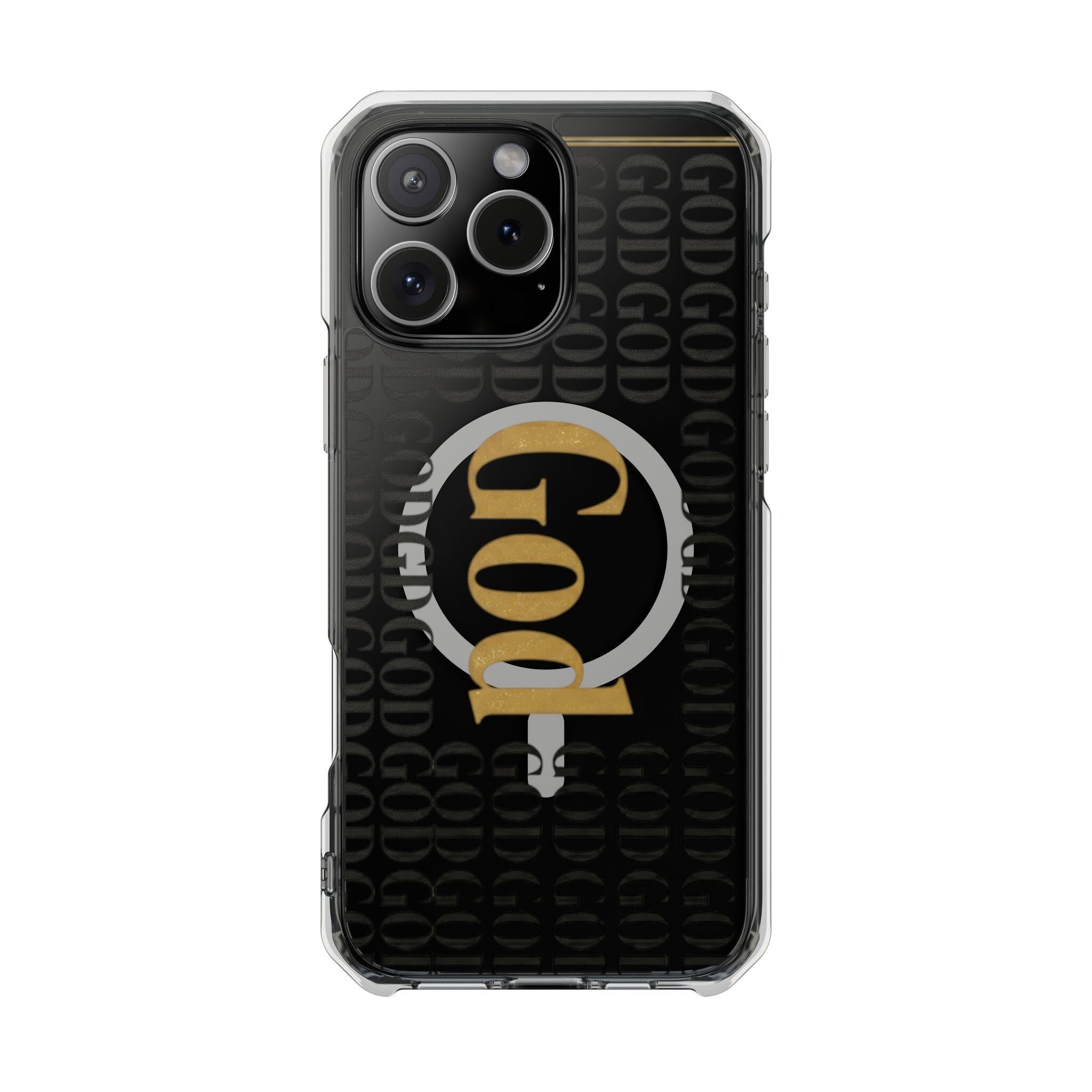 Clear Magnetic Phone Case | Black and Gold God Monogram Design