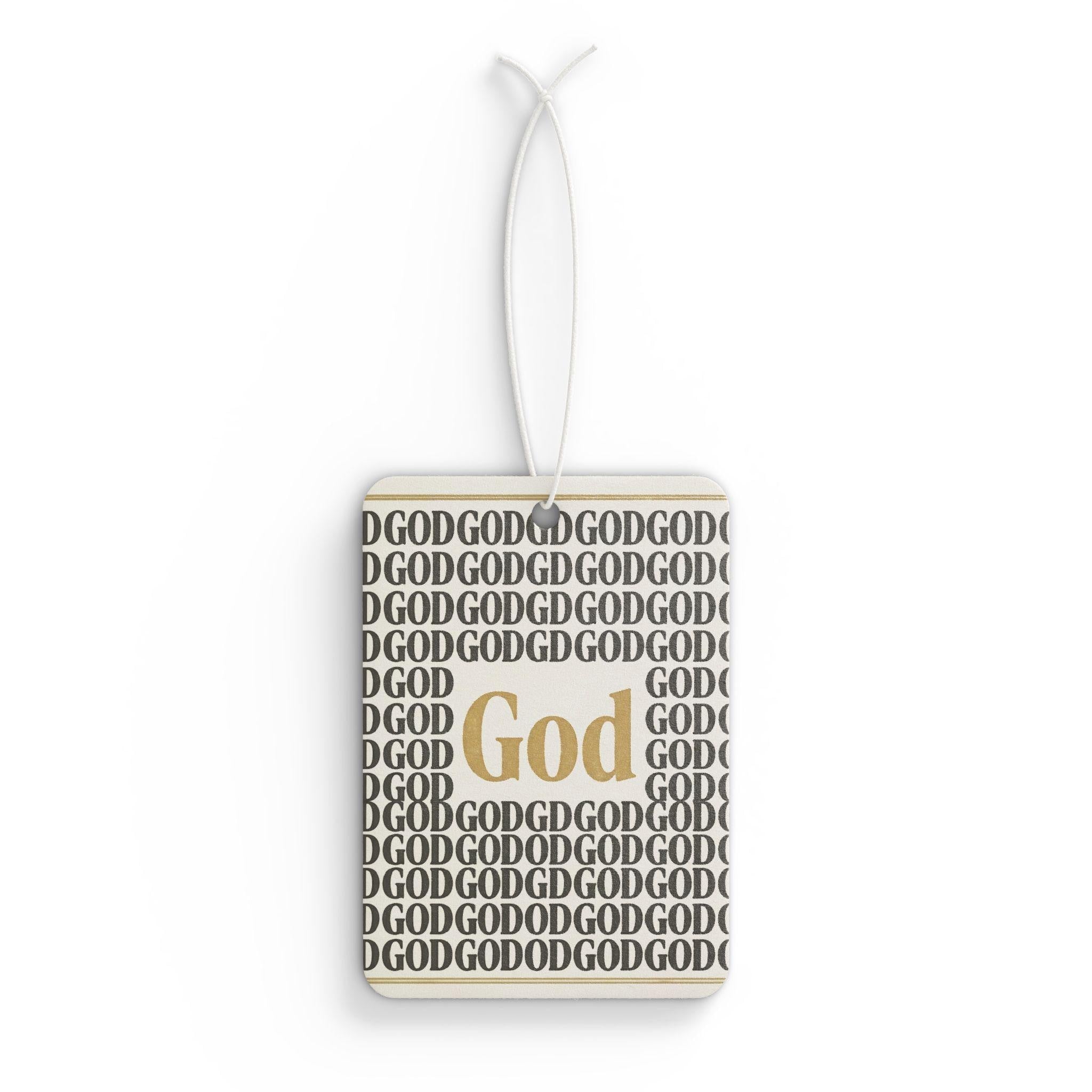 God Car Air Freshener | Repeating Typography, Gold Accent, Scented Vehicle Diffuser