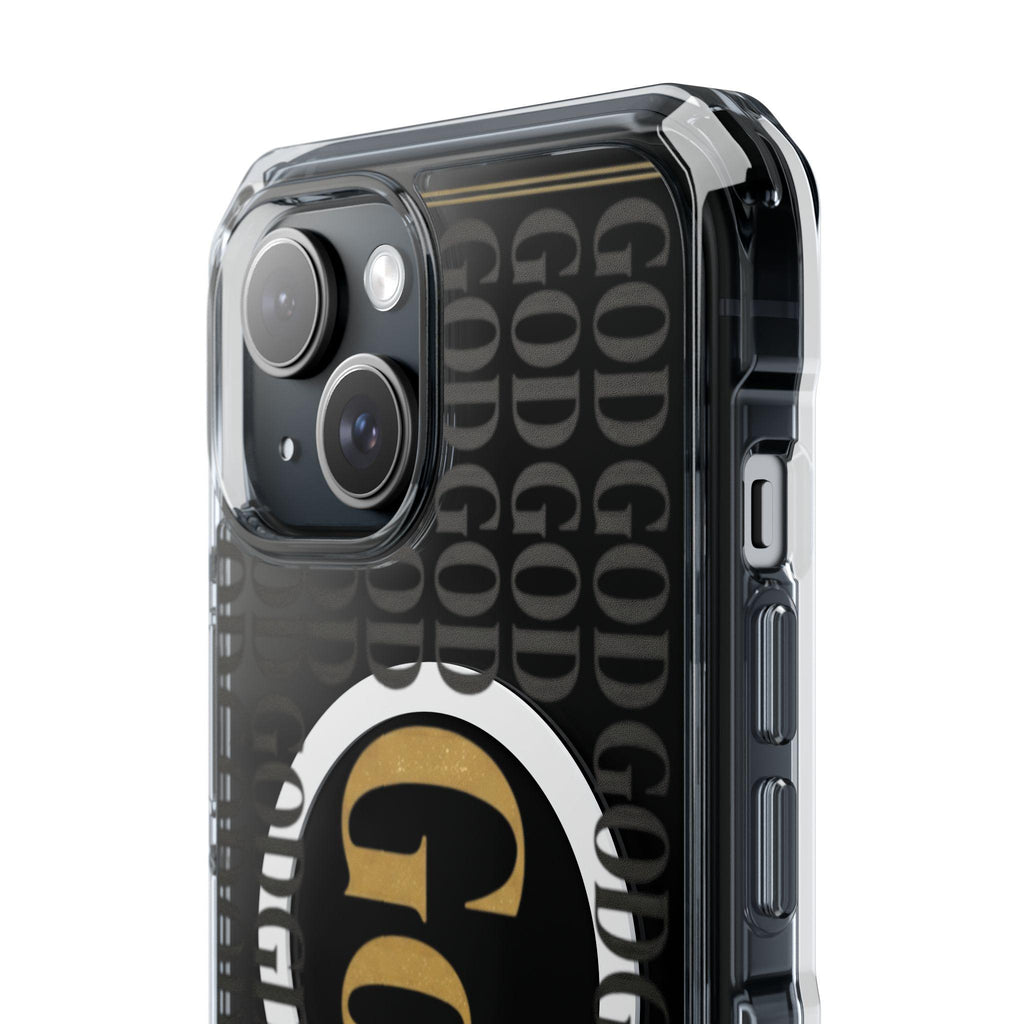 Clear Magnetic Phone Case | Black and Gold God Monogram Design