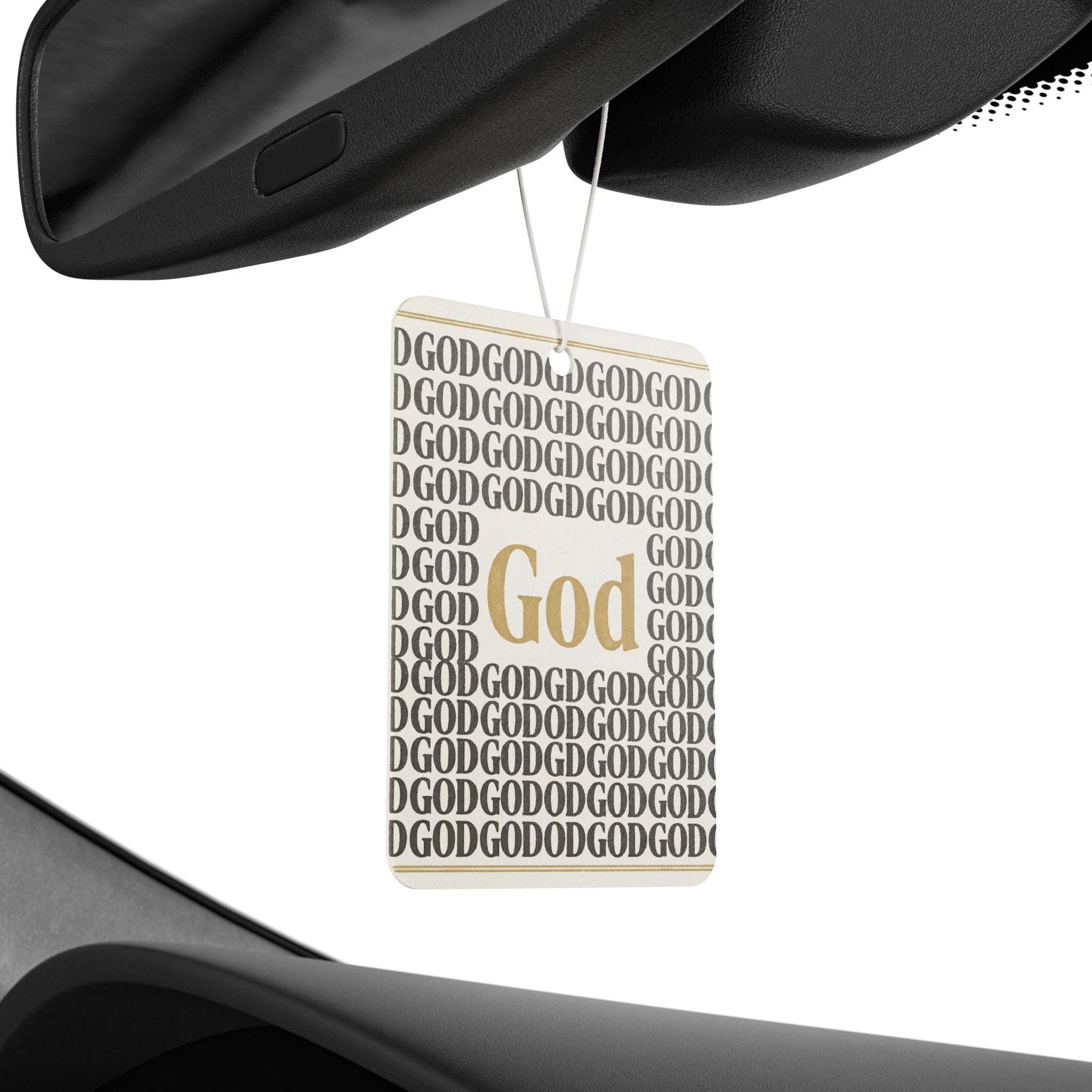 God Car Air Freshener | Repeating Typography, Gold Accent, Scented Vehicle Diffuser