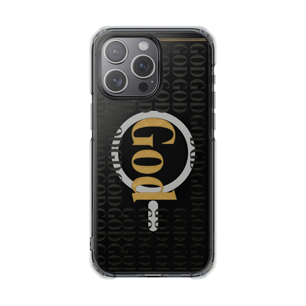 Clear Magnetic Phone Case | Black and Gold God Monogram Design