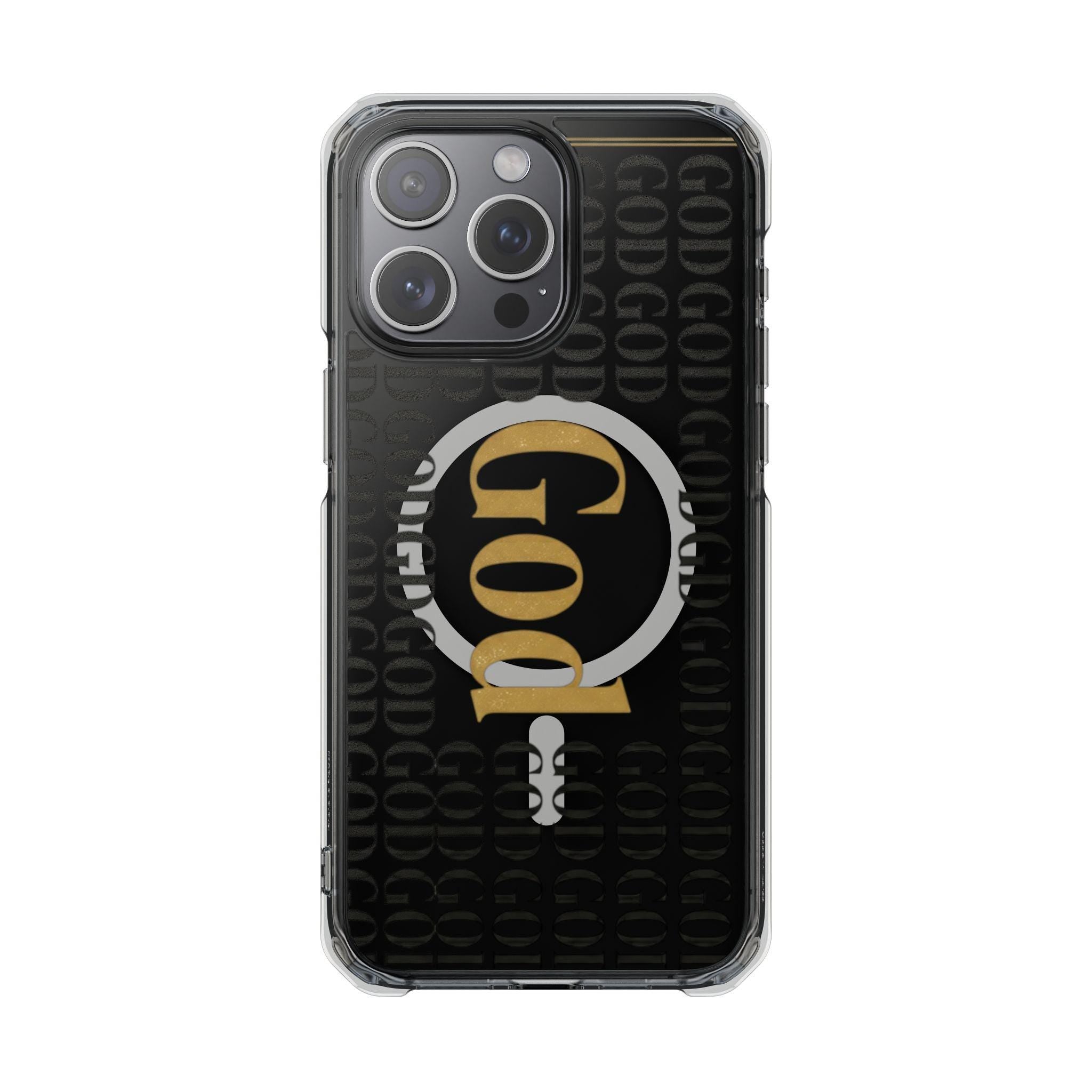 Clear Magnetic Phone Case | Black and Gold God Monogram Design