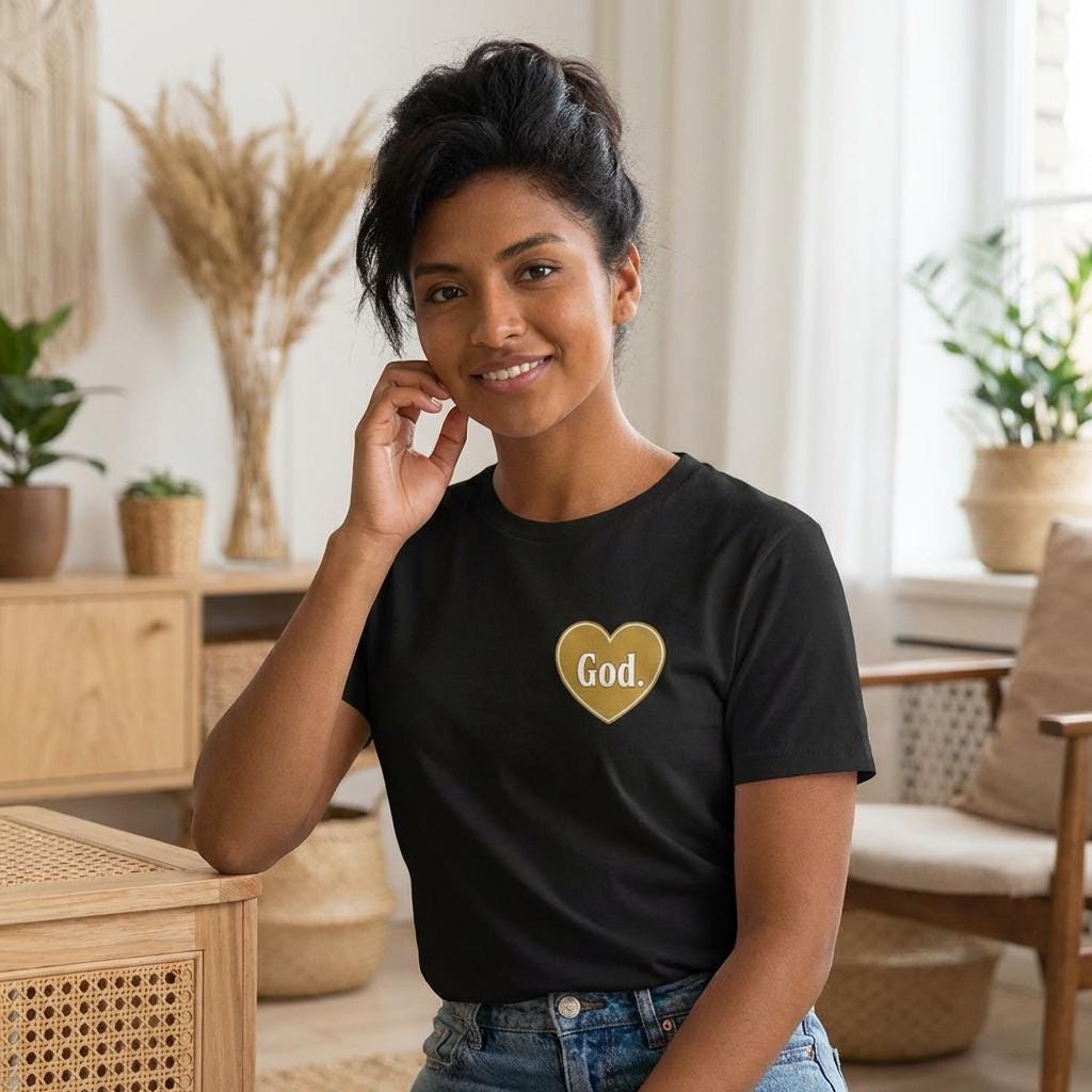 Faith Heart T Shirt | "God." Gold Heart Christian Tee