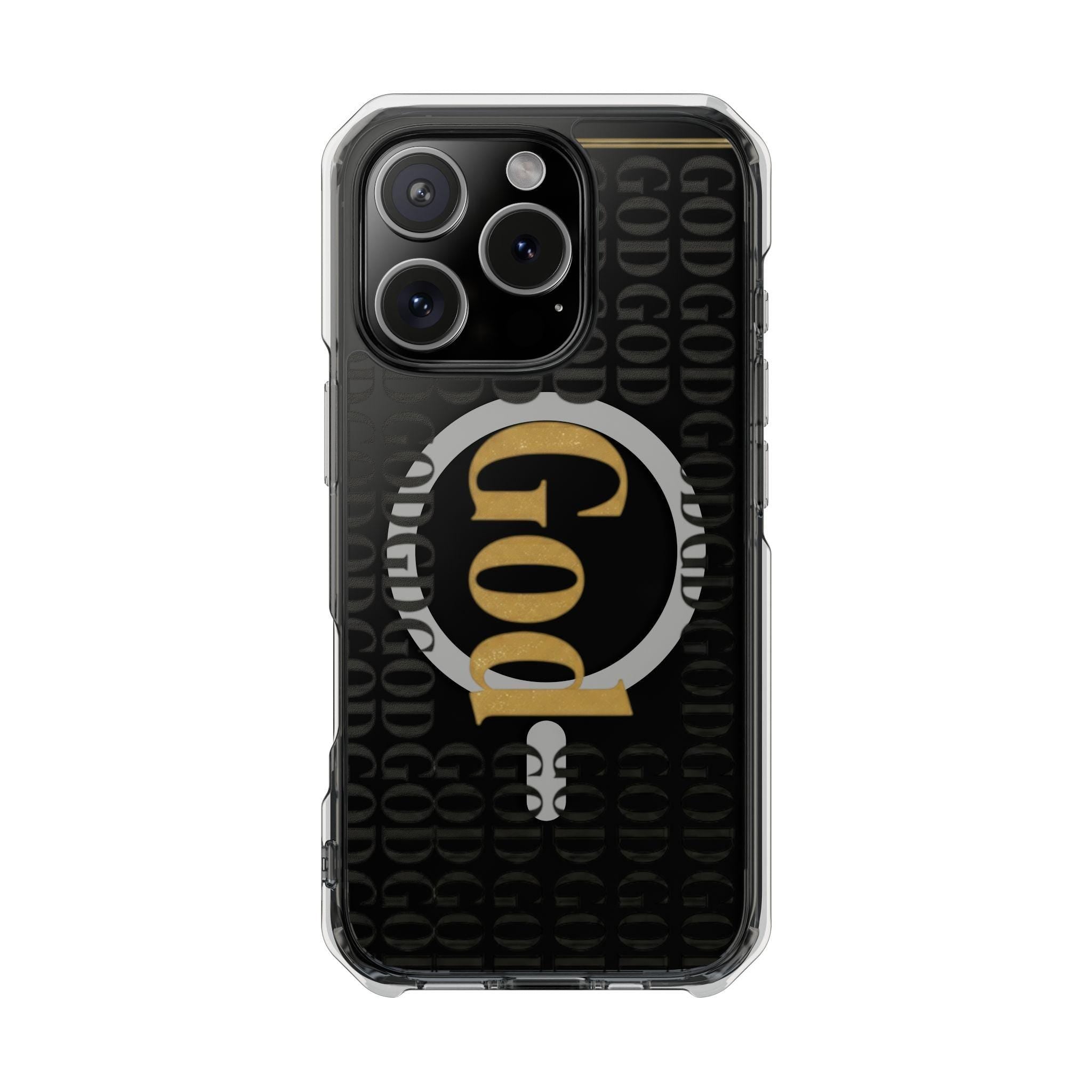 Clear Magnetic Phone Case | Black and Gold God Monogram Design