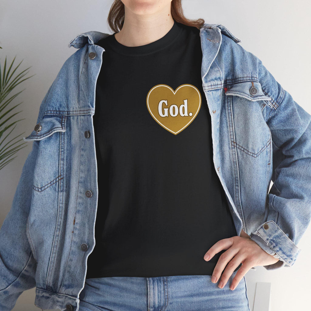 Faith Heart T Shirt | "God." Gold Heart Christian Tee