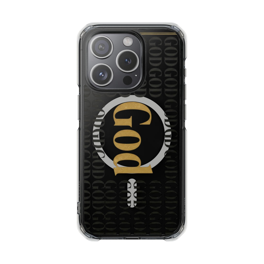 Clear Magnetic Phone Case | Black and Gold God Monogram Design